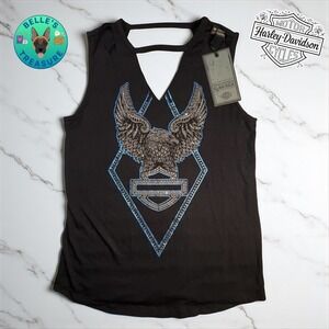 Harley Davidson Women's Small Black Eagle Sparkle Rhinestone Cutout Tank Top Y2K